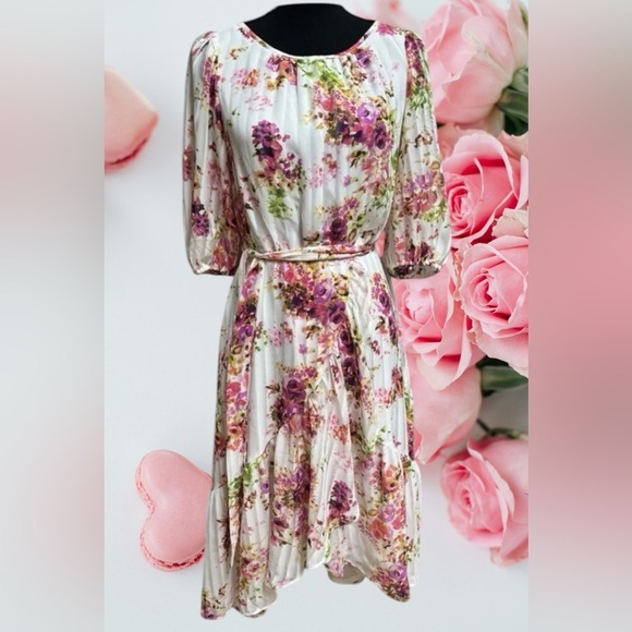 MAISON TARA PINK FLORAL RUFFLE SUMMER MIDI TIE SASH HI LOW DRESS SIZE SMALL🩷 - Picture 1 of 10